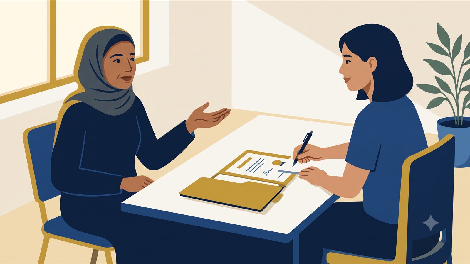 Una solicitante conversa con una consultora que toma notas sobre su expediente en la mesa de un despacho