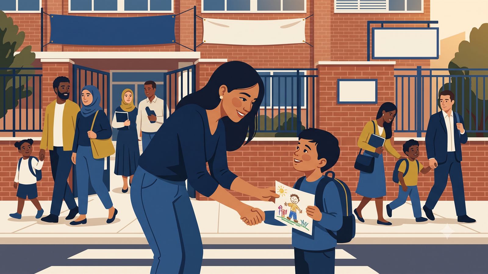 Madre recoge a su hijo del colegio mientras renueva su arraigo familiar