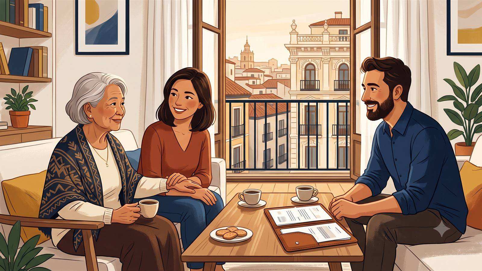 Familia con un miembro español revisando en casa la documentación de su residencia de familiar de español