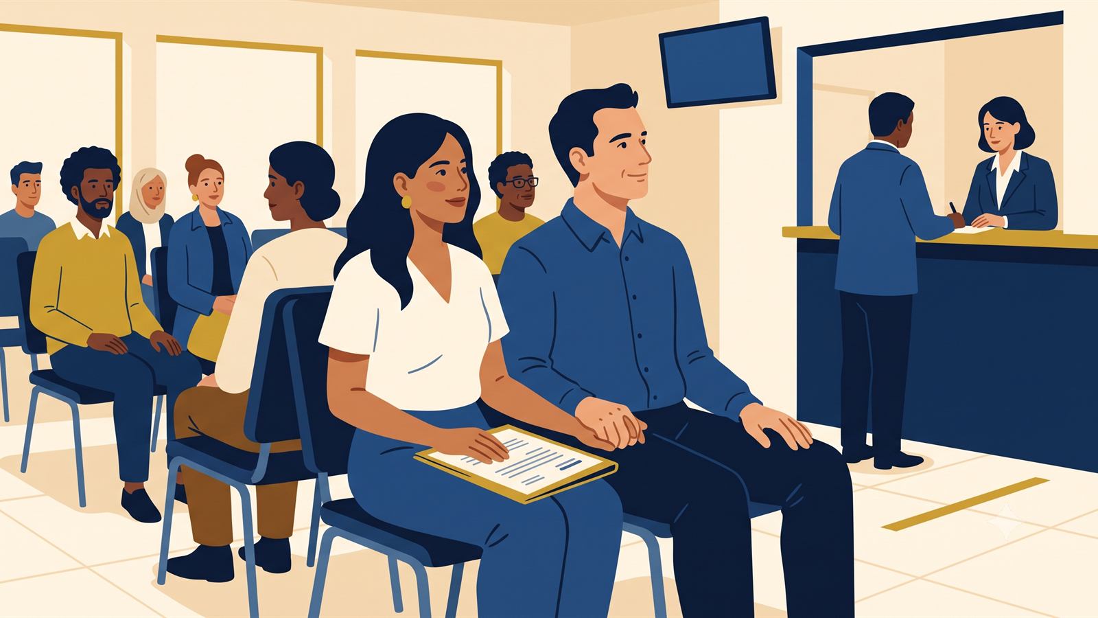 Pareja esperando su cita de tarjeta comunitaria en la oficina de extranjería