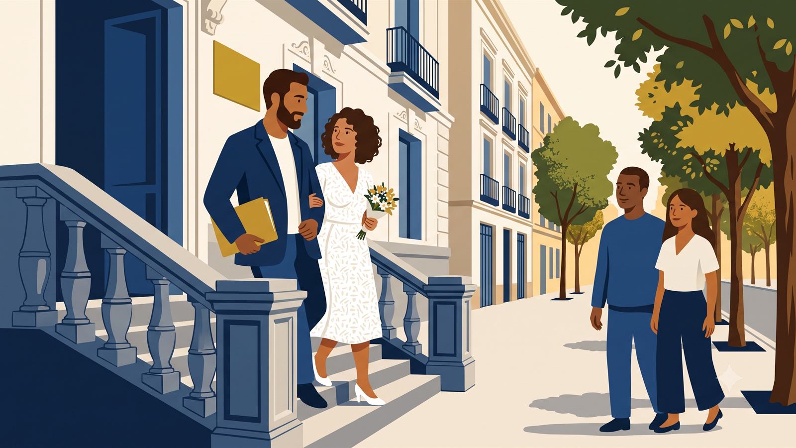 Pareja recién casada saliendo del registro civil para tramitar la tarjeta comunitaria por matrimonio